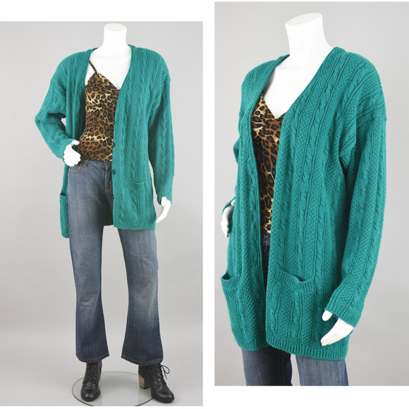 Karen Scott Vintage 80s Green Chunky Knit Long Length Cardigan Women's Large - Picture 10 of 10
